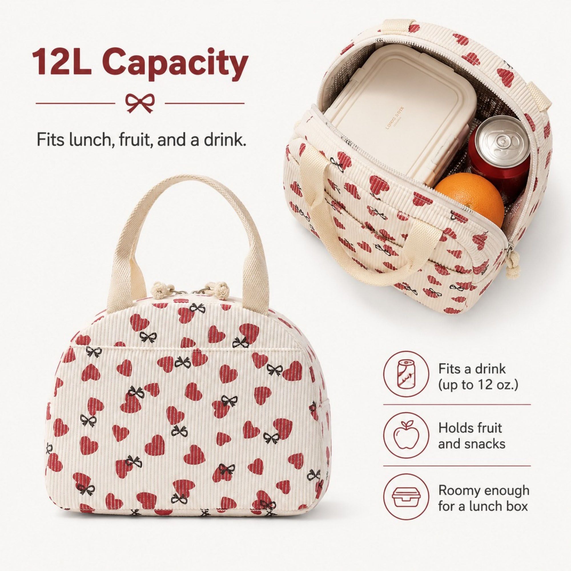 Heart Print Corduroy Insulated Lunch Bag with Handles and Zip Closure
