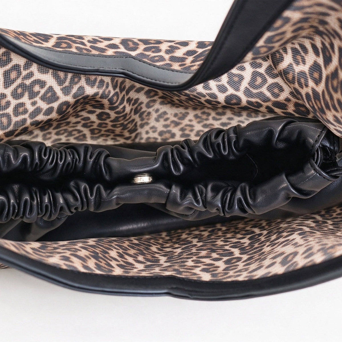 Leopard Print Large Hobo Shoulder Tote Bag with Drawstring Side Detail