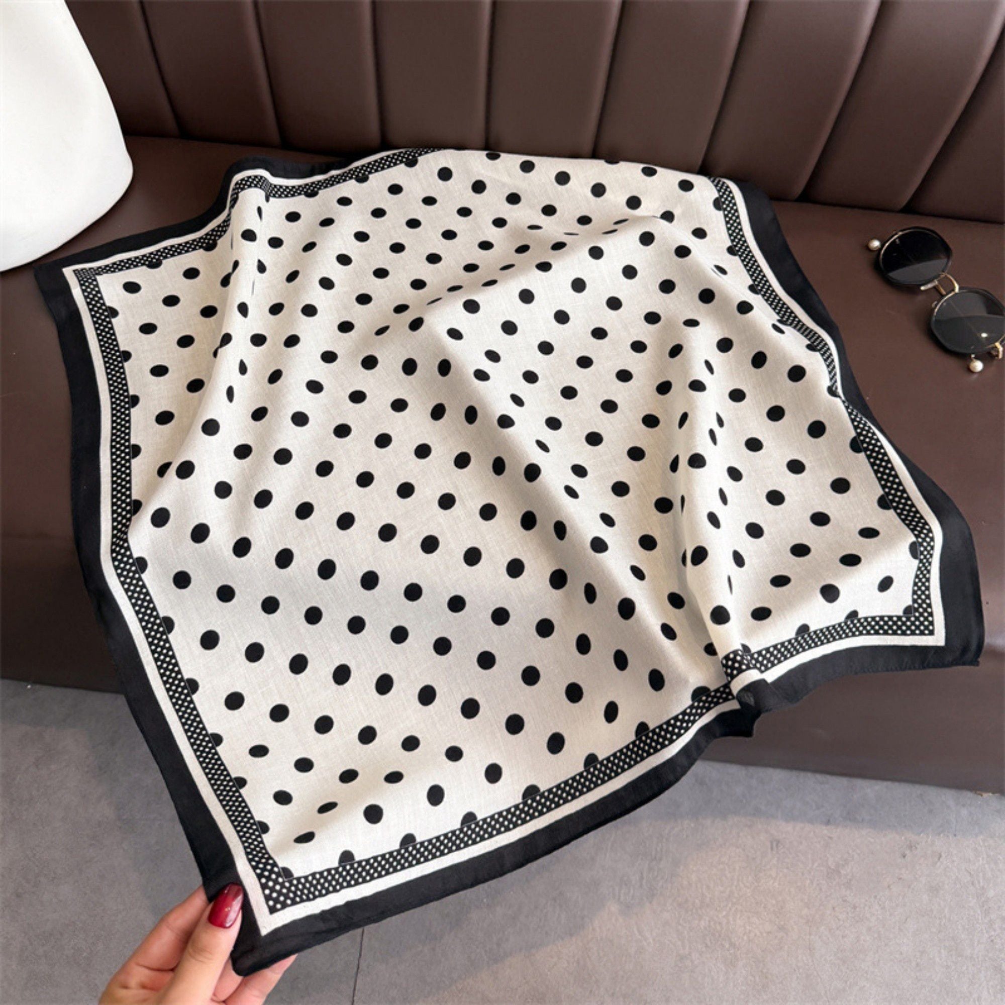 Anna-Kaci Women's Polka Dot Satin Square Scarf with Contrasting Border Trim 27x27in