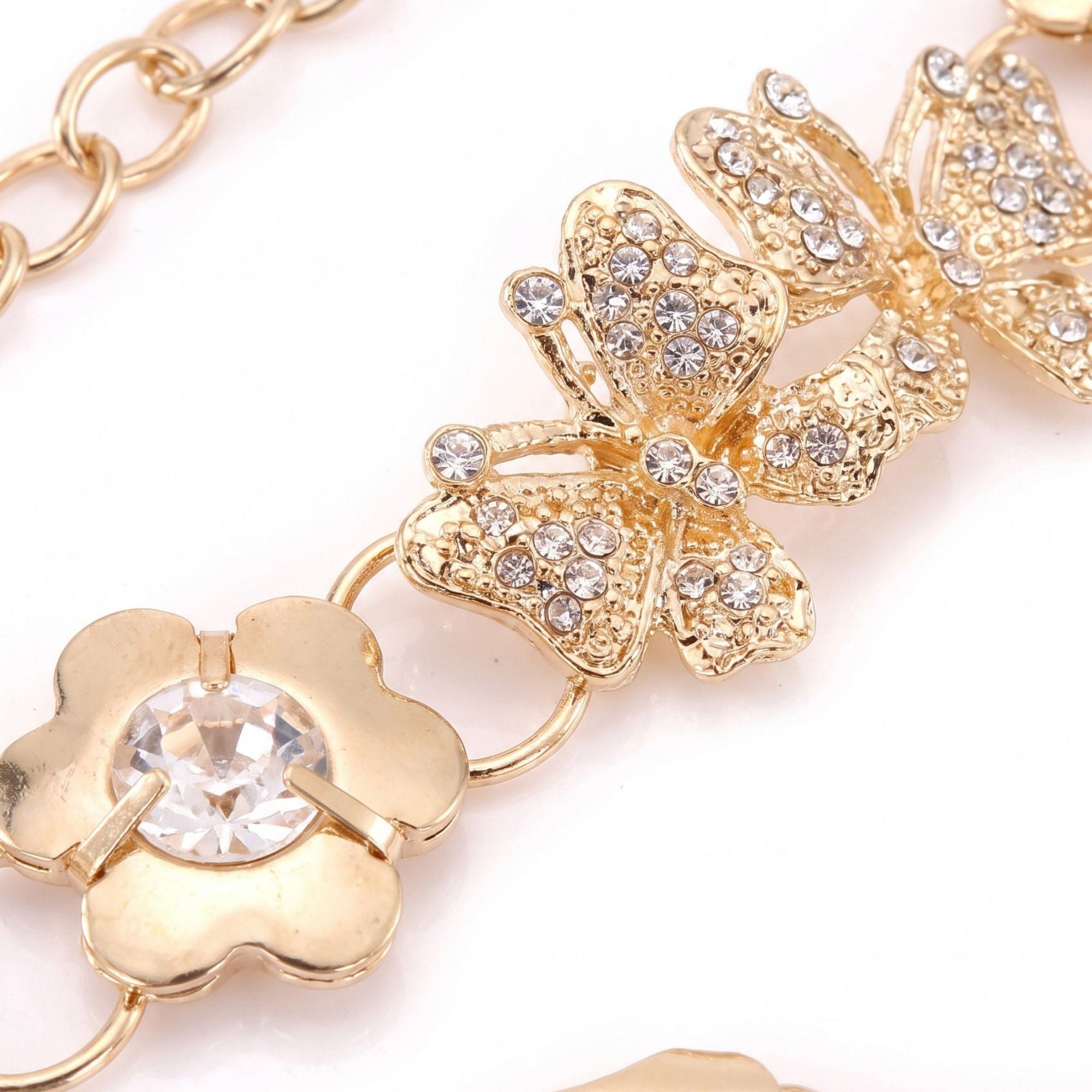 Rhinestone Butterfly Floral Mesh Metal Waist Chain Adjustable Glam Statement Waist Jewelry 43.3in