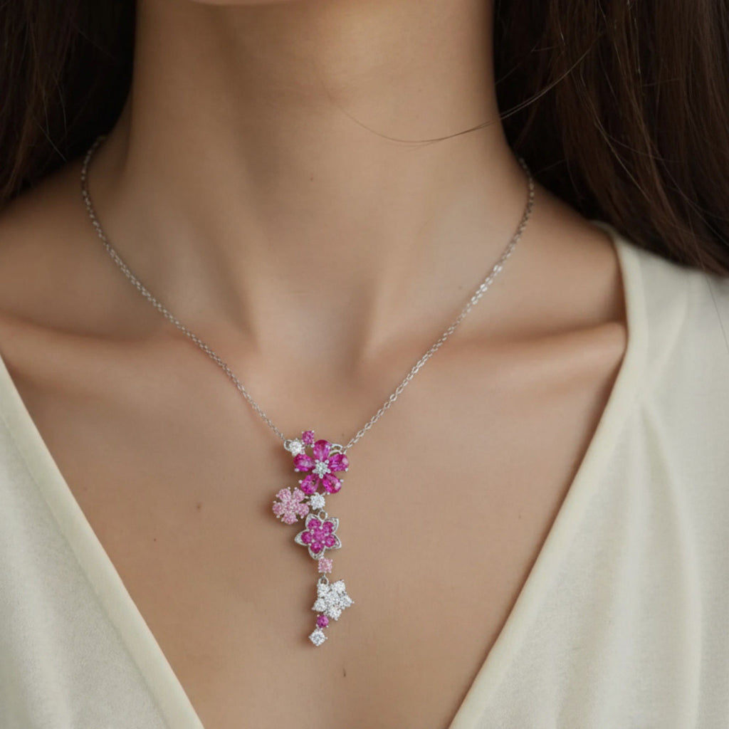 Women's Crystal Flower Pendant Necklace with Cascading Rhinestone Floral Design