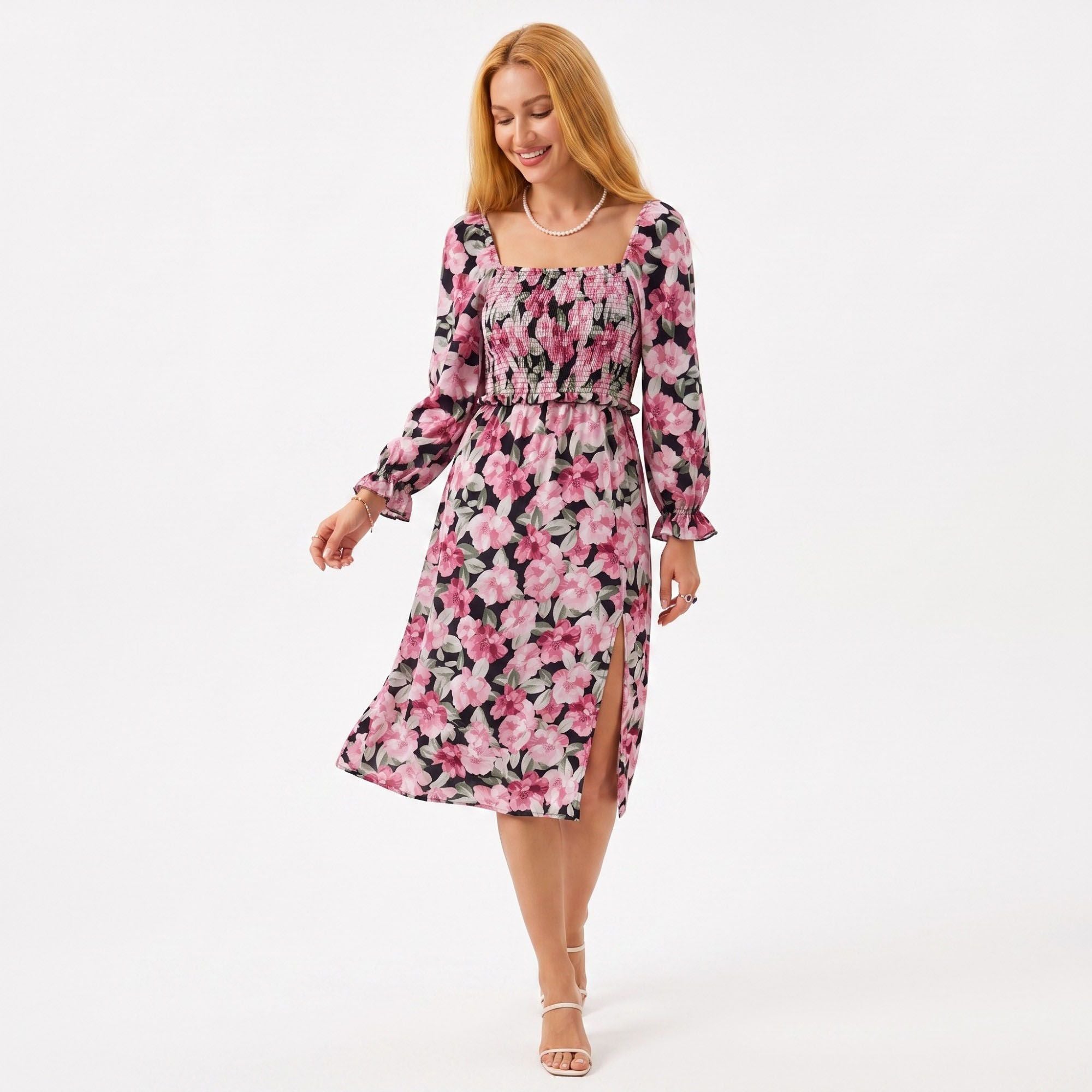 Floral Smocked Square Neck Long Sleeve Midi Dress
