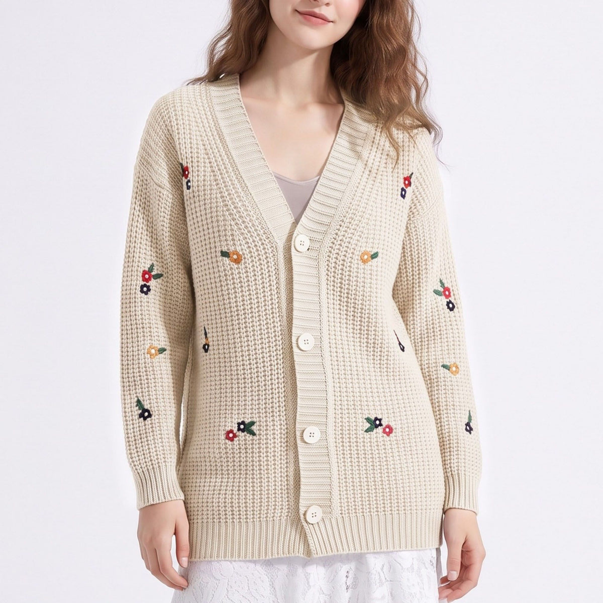 Floral Embroidered Button Front Cardigan