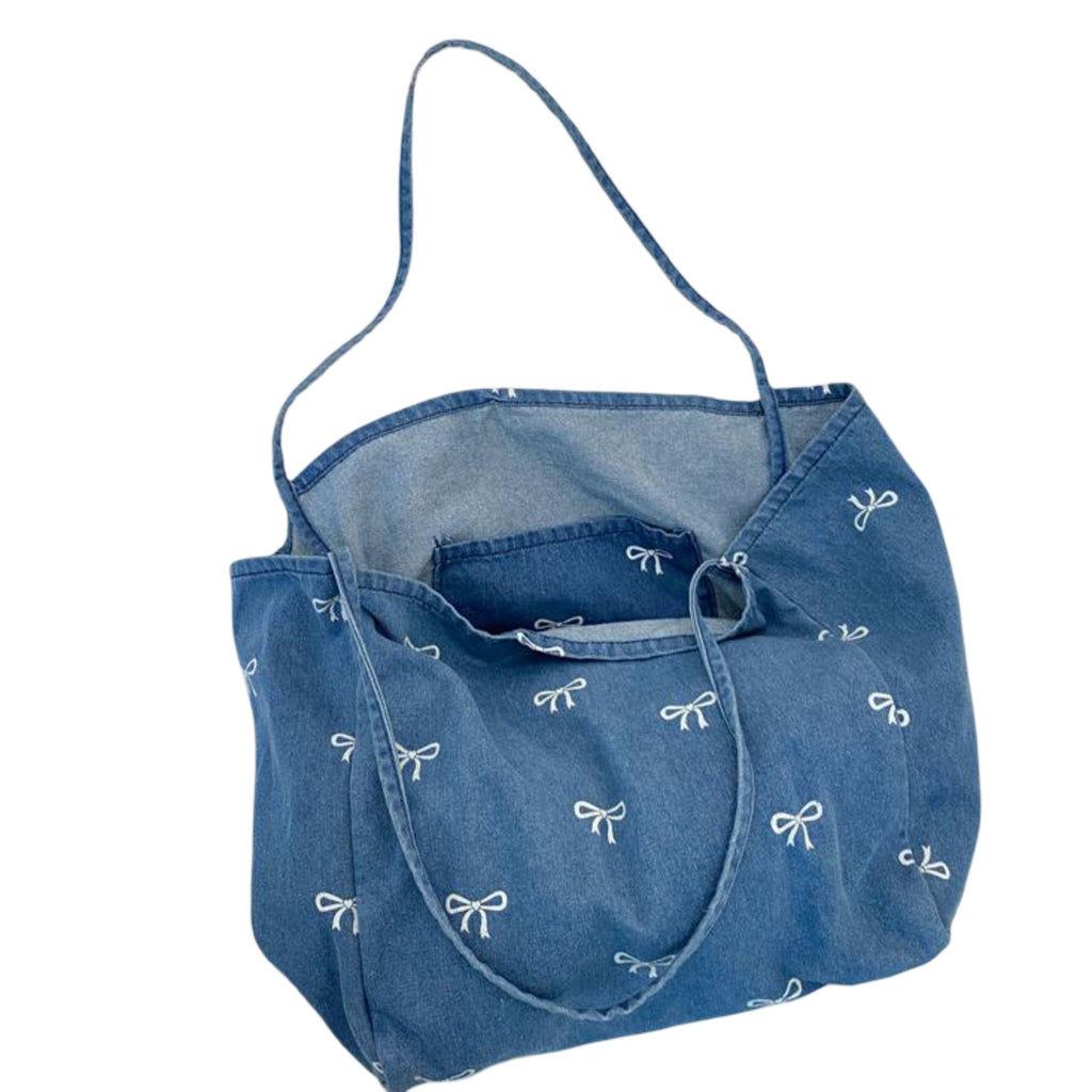 Denim Tote Bag with Printed Bow Design and Large Spacious Interior