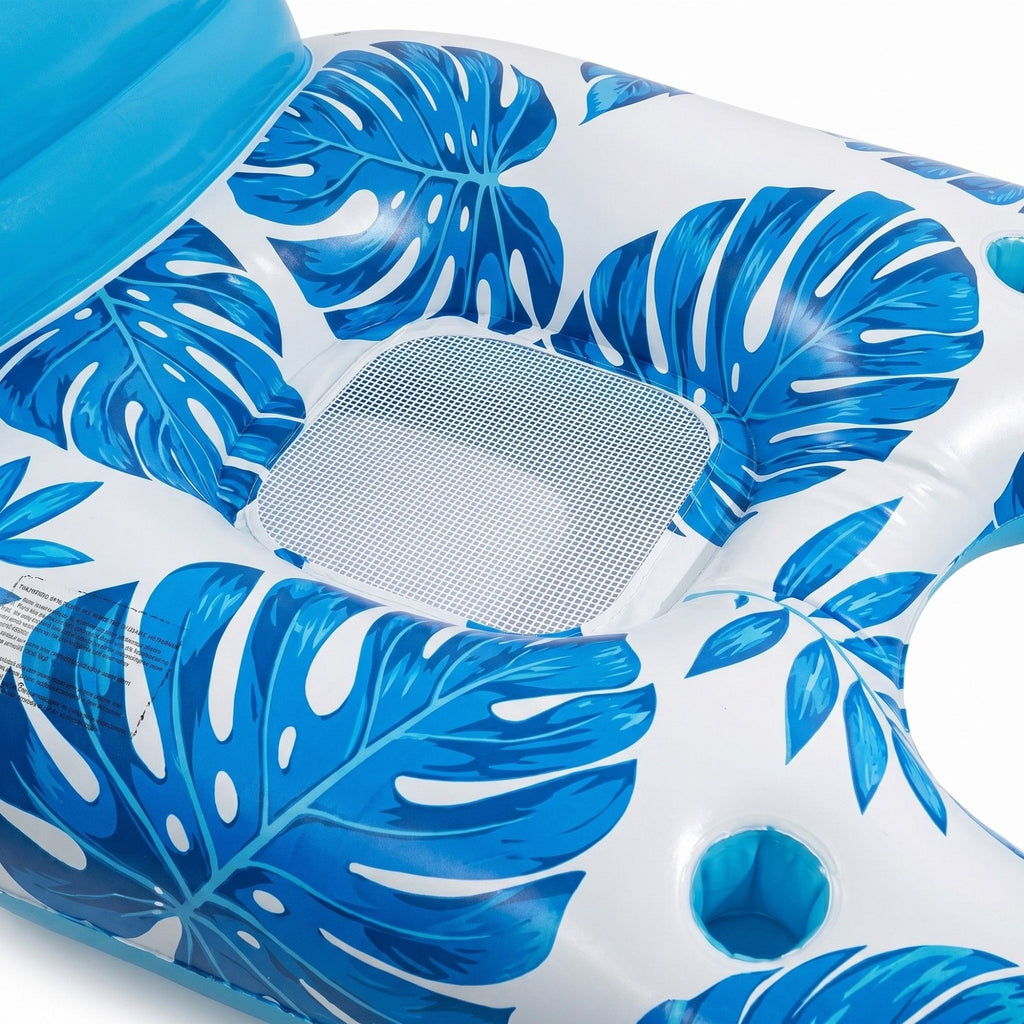 Tropical Leaf Inflatable Pool Lounge Float with Backrest Mesh Seat Cup Holder Durable PVC Float for Pool Beach Lake 63x47x27.5in