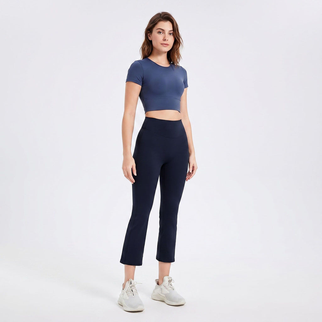 High Waist Cropped Flare Yoga Pants with Wide Waistband Smooth Stretch Workout Leggings