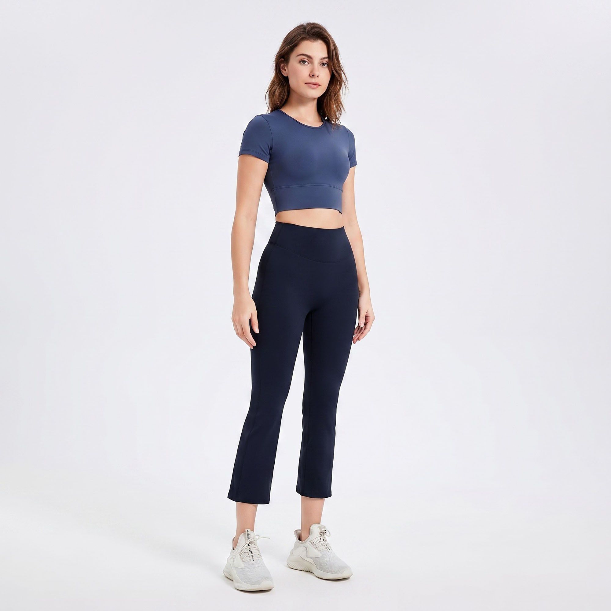 High Waist Cropped Flare Yoga Pants with Wide Waistband Smooth Stretch Workout Leggings