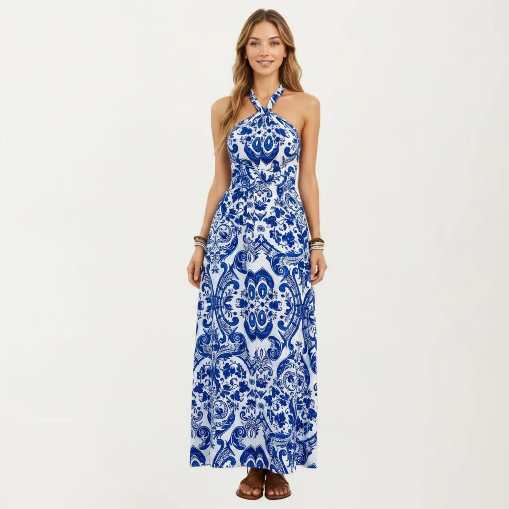 Anna-Kaci Women's Mediterranean Tile Print Halter Maxi Dress with Criss-Cross Back