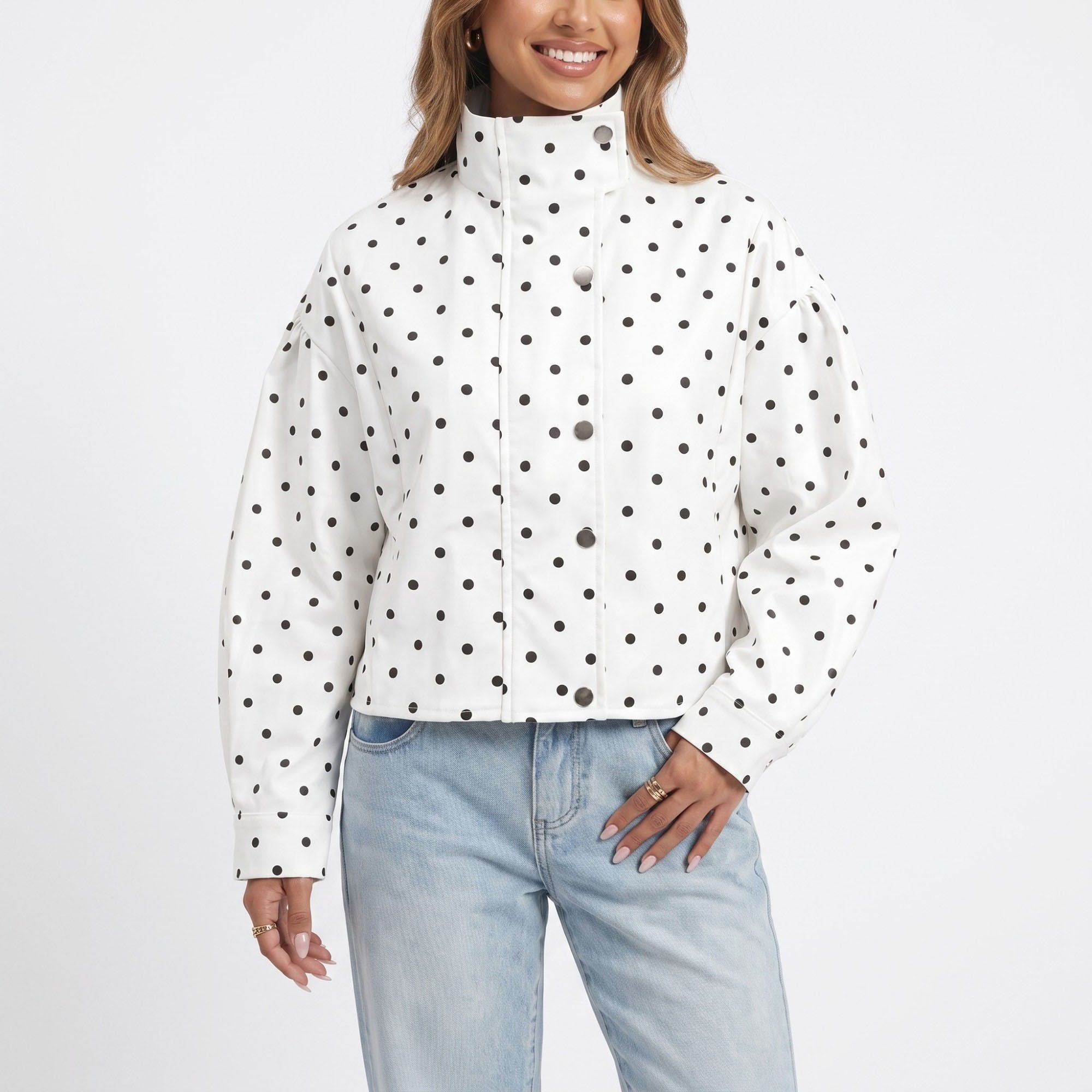 Polka Dot Stand Collar Cropped Jacket Snap Front Relaxed Fit Long Sleeve