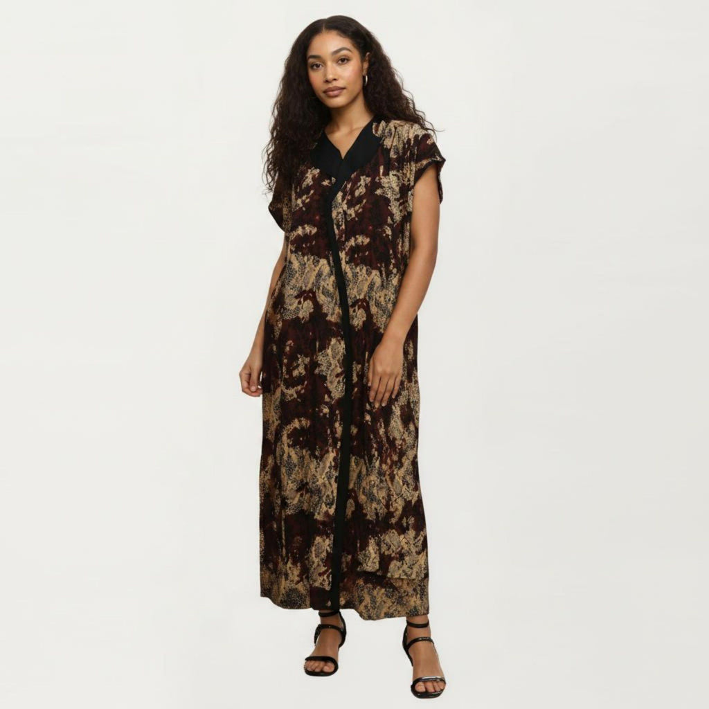 Anna-Kaci Women's Abstract Print Maxi Kaftan Dress with Contrast Trim and Relaxed Flowy Silhouette