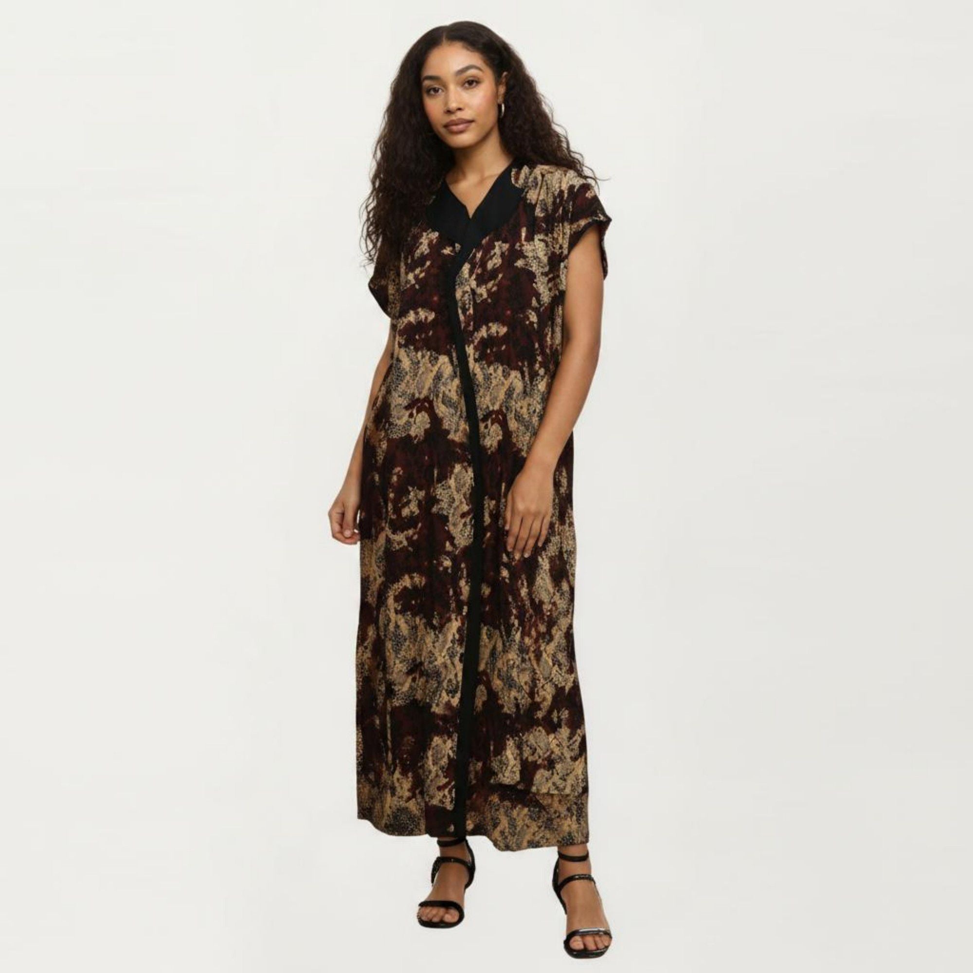 Anna-Kaci Women's Abstract Print Maxi Kaftan Dress with Contrast Trim and Relaxed Flowy Silhouette