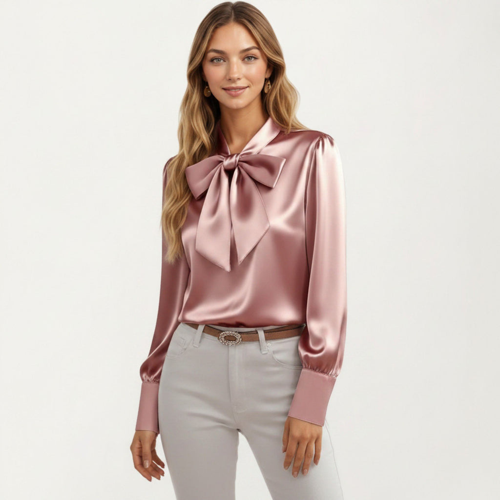 Anna-Kaci Women's Satin Bow Neck Blouse with Long Puff Sleeves and Wide Cuffs