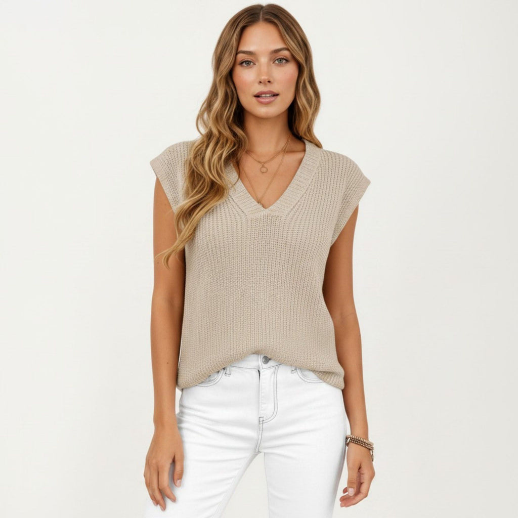 Anna-Kaci Women's Sleeveless Knit Sweater Vest with V Neck Ribbed Trim Relaxed Fit Textured Pullover Top