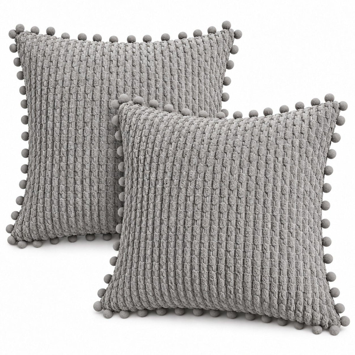 2 Pack Double Sided Corduroy Throw Pillow Covers 18 x 18 Inch with Pom Pom Trim