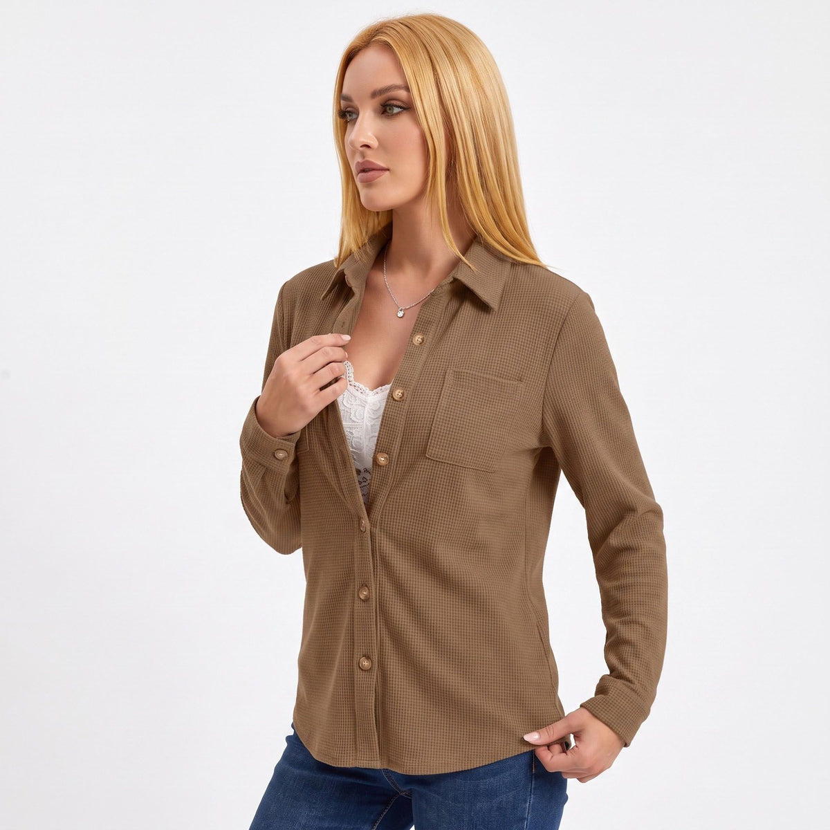Textured Button Front Long Sleeve Shirt with Chest Pocket