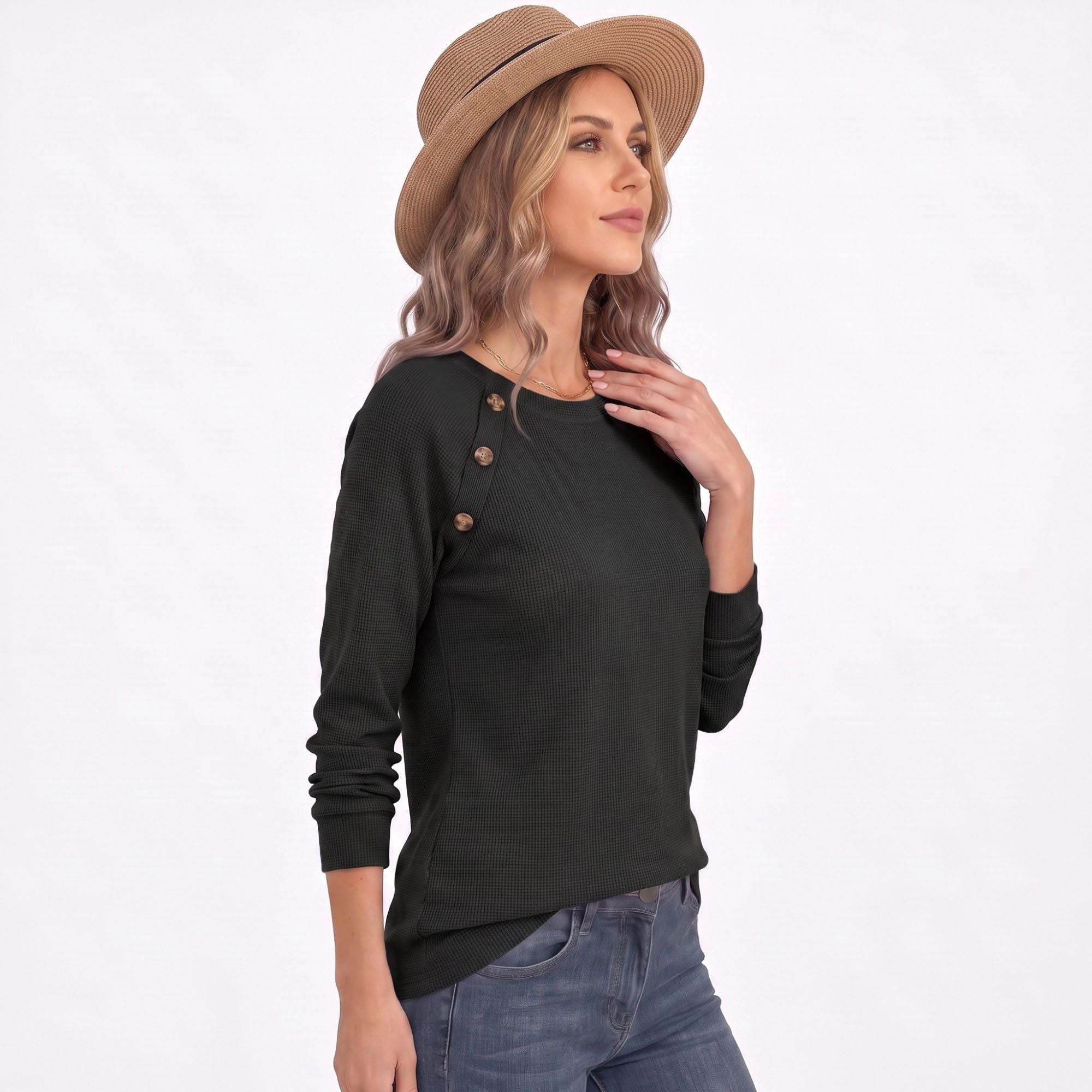 Waffle Knit Button Shoulder Raglan Long Sleeve Top