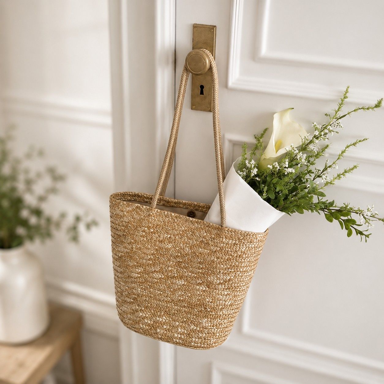 Woven Straw Style Tote Bag with Double Shoulder Handles and Open Top Design