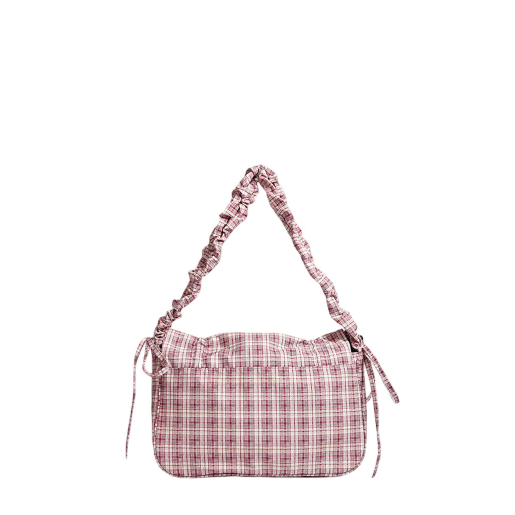 Plaid Shoulder Bag with Ruched Strap and Bow Detail