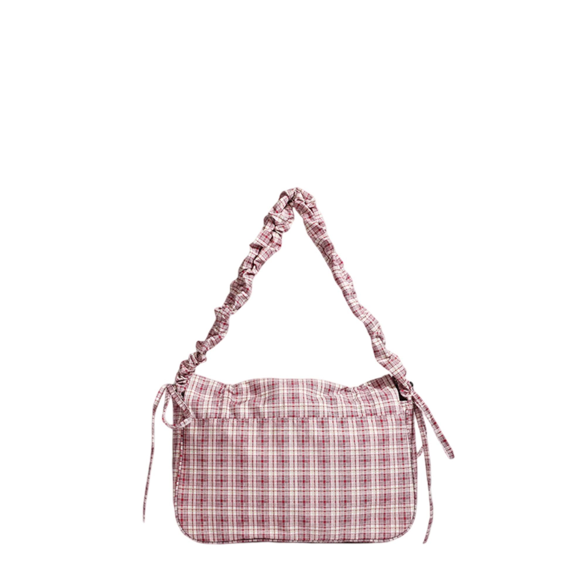 Plaid Shoulder Bag with Ruched Strap and Bow Detail