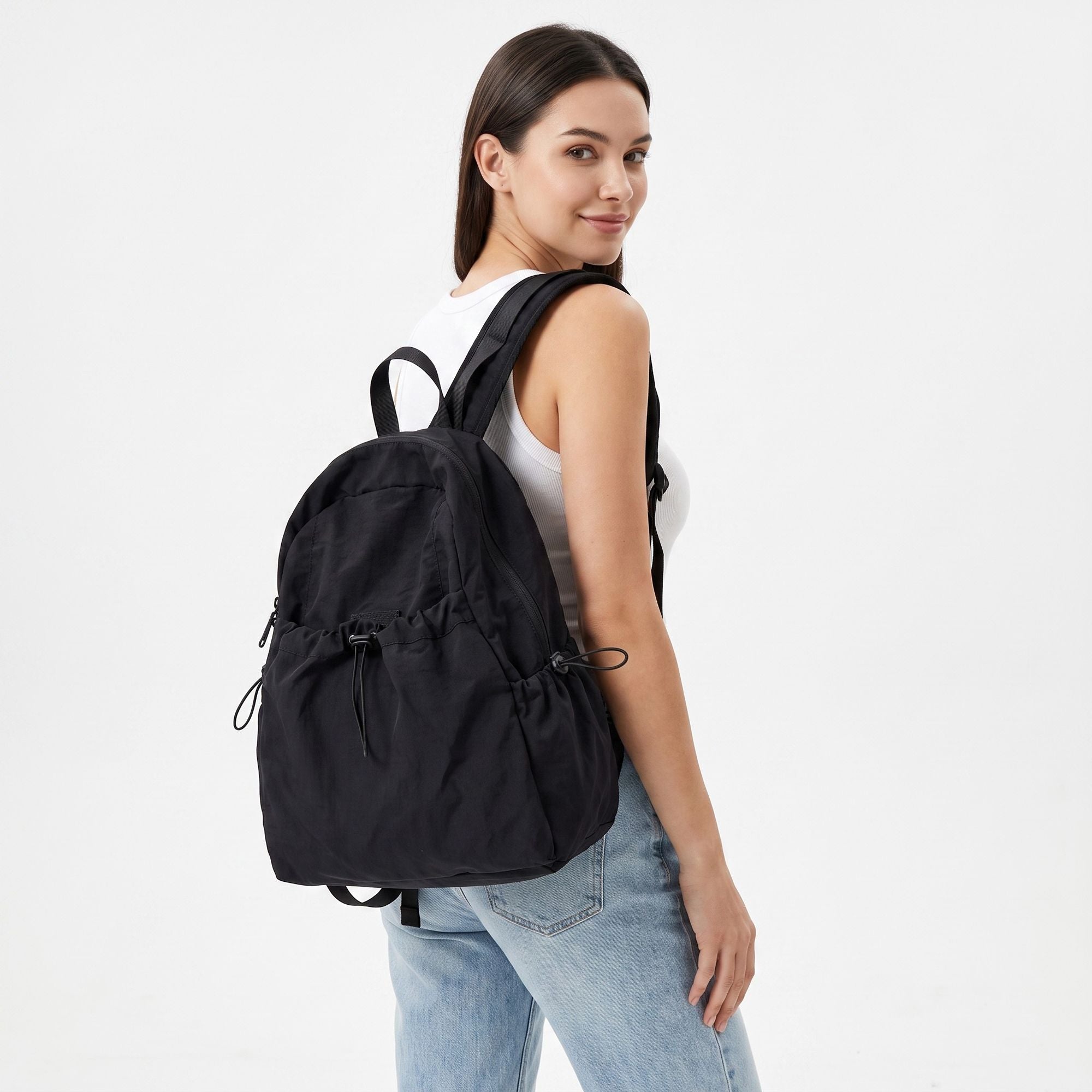 Lightweight Drawstring Backpack with Front Pocket Side Pockets and Adjustable Shoulder Straps