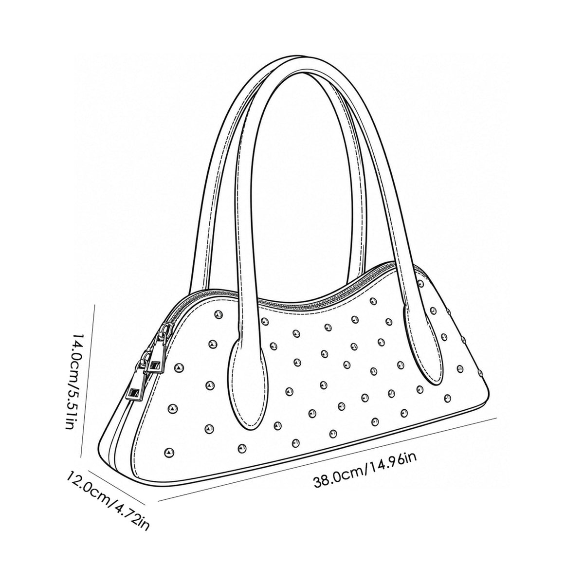 Studded Satchel Handbag with Long Handles Zip Closure and Interior Pocket