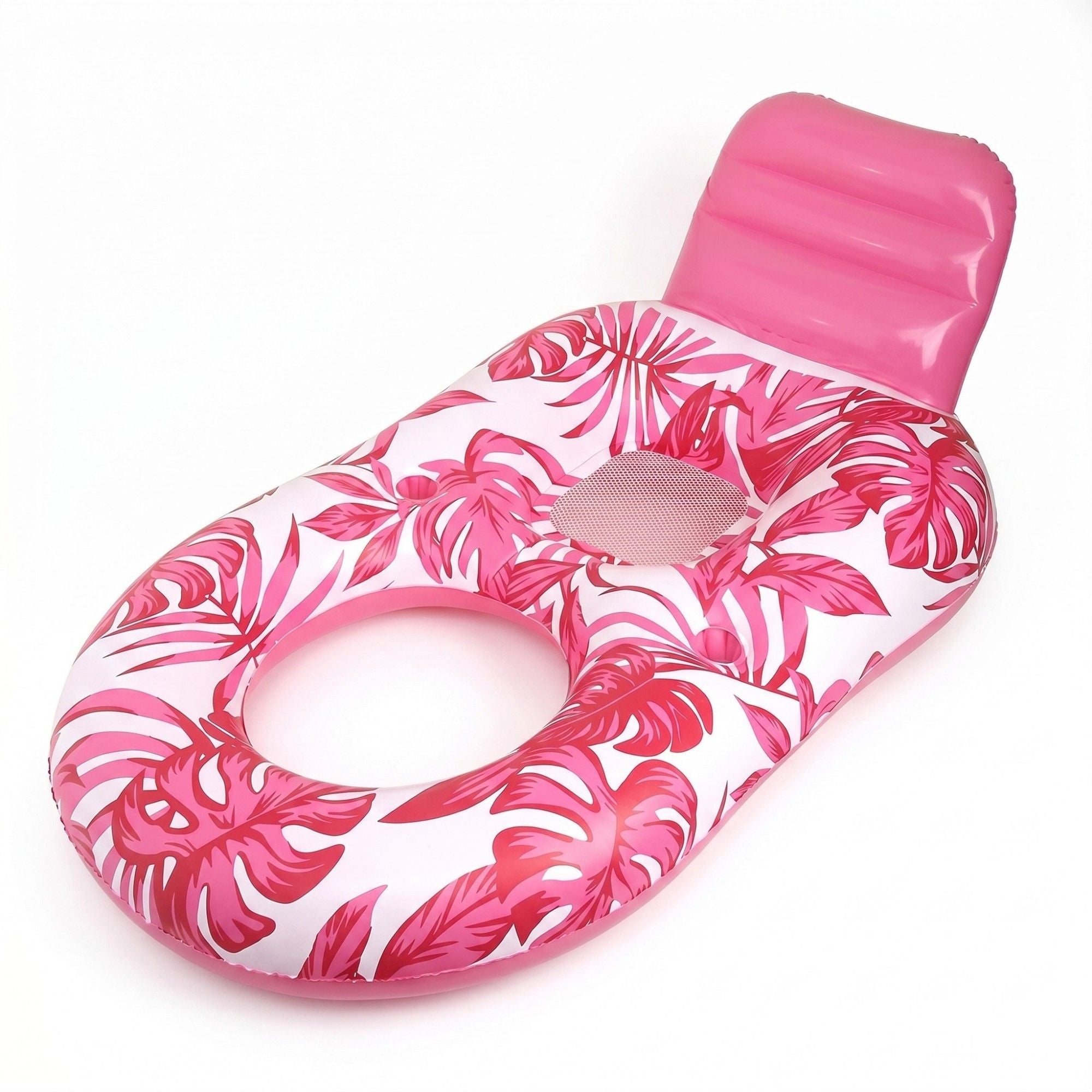 Tropical Leaf Inflatable Pool Lounge Float with Backrest Mesh Seat Cup Holder Durable PVC Float for Pool Beach Lake 63x47x27.5in