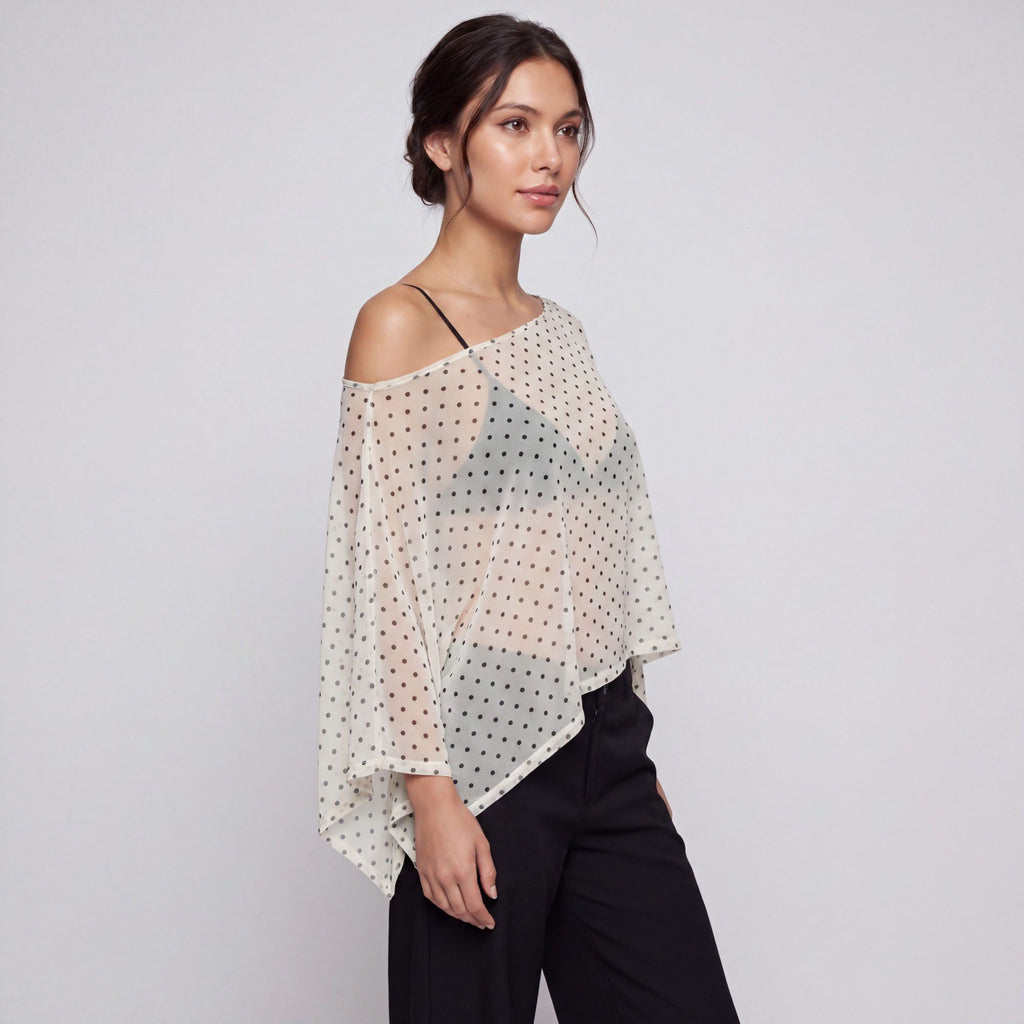 Sheer Polka Dot Asymmetrical Poncho Blouse with Off Shoulder Neckline Flowy Fit and Three Quarter Sleeves