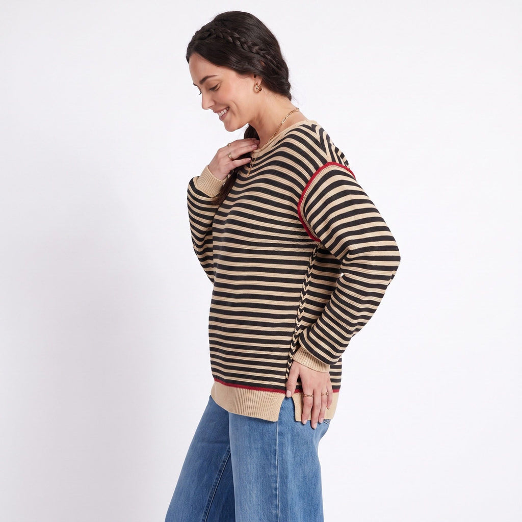 Striped Contrast Trim Drop Shoulder Long Sleeve Knit Sweater