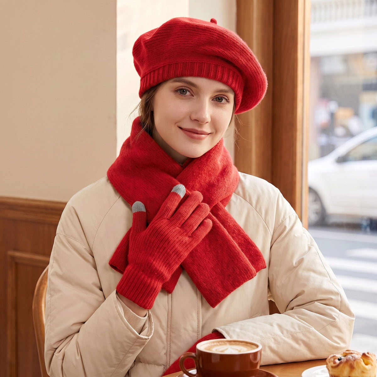 3 Piece Beret Scarf and Touchscreen Gloves Winter Set