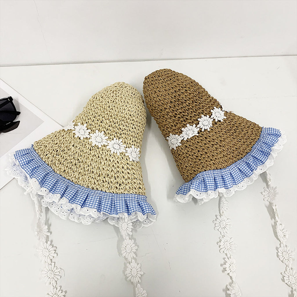 Anna-Kaci Women's Straw Sun Hat with Gingham & Lace Trim