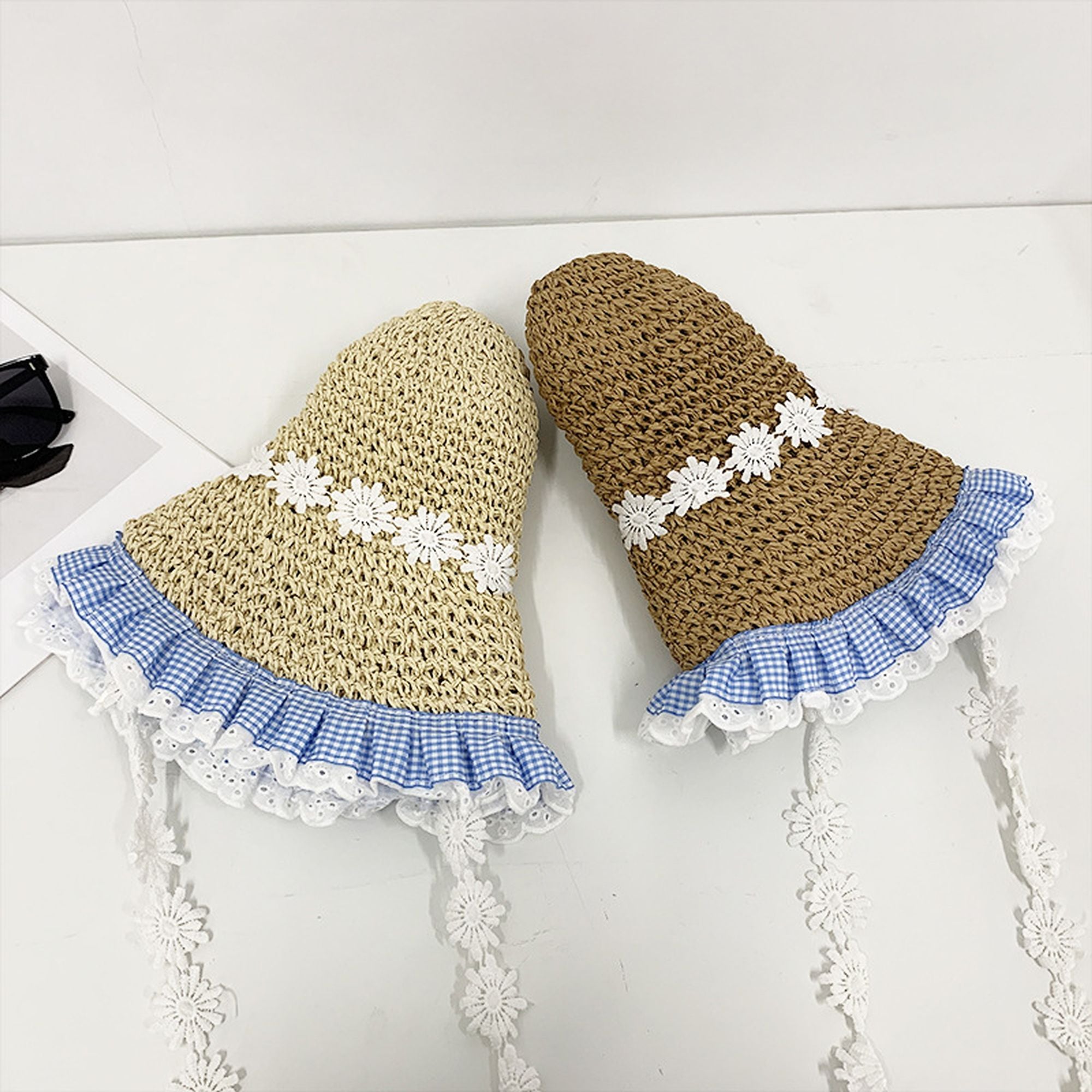 Anna-Kaci Women's Straw Sun Hat with Gingham & Lace Trim