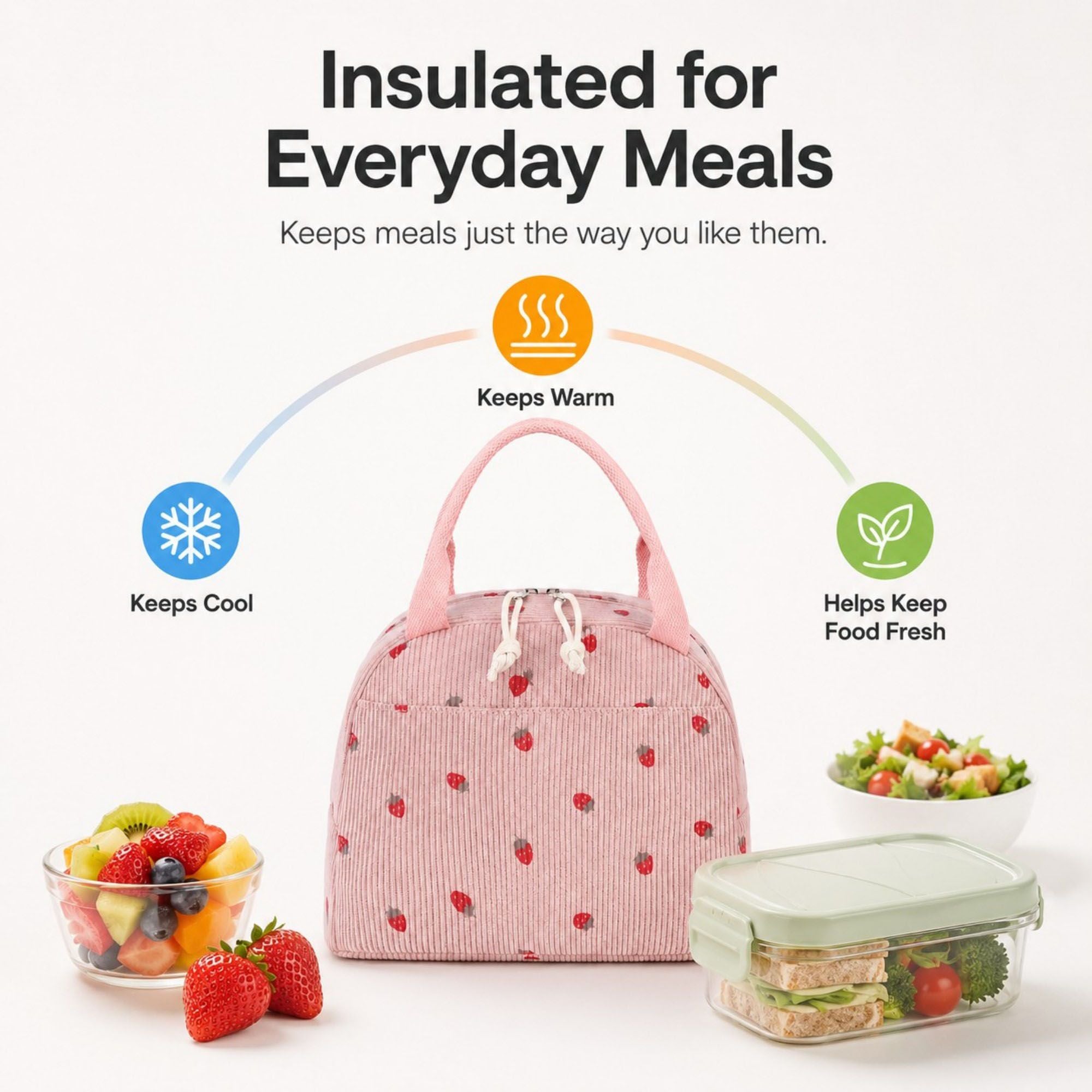 Strawberry Print Corduroy Insulated Lunch Bag with Handles and Zip Closure