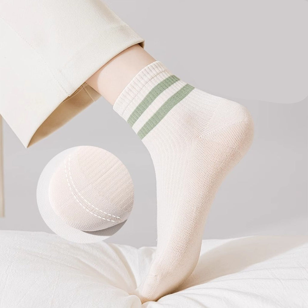 Anna-Kaci Womens Athletic Crew Socks 4-Pack Ribbed Knit Design Contrast Double Stripe Stretch Comfort Everyday Fit