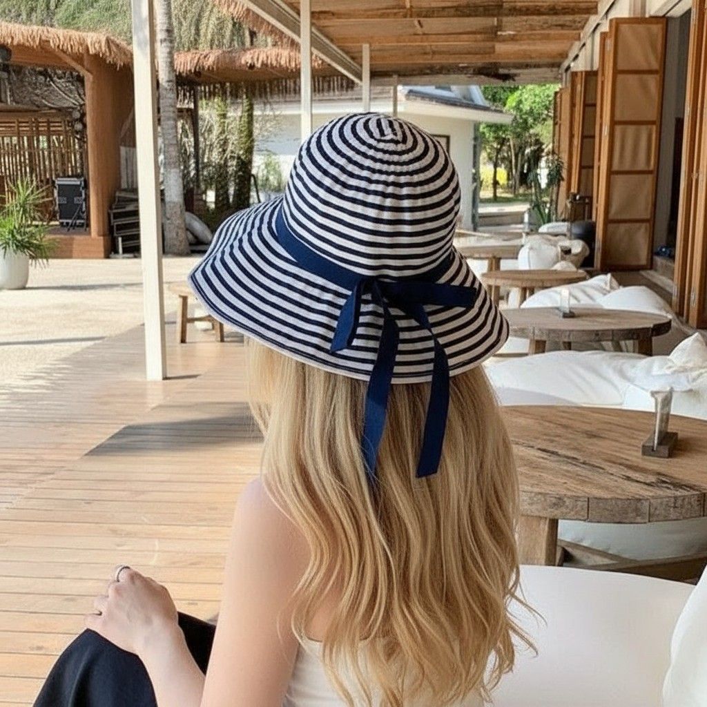 Striped Sun Hat Wide Brim Summer Beach Hat Bow Tie Lightweight Packable