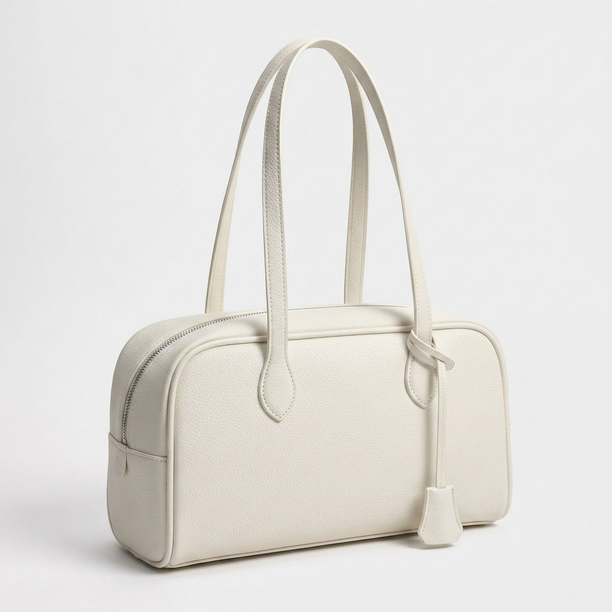 Smooth Grain Rectangular Boston Shoulder Bag with Fixed Long Top Handles & Full Zip Closure 11.8x7.1x4.7in