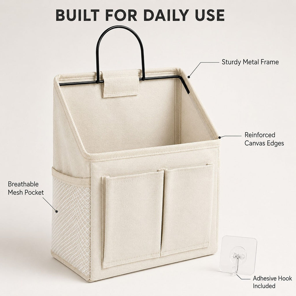 Hanging Bedside Storage Caddy with Metal Frame and Multiple Pockets Bed Rail Organizer