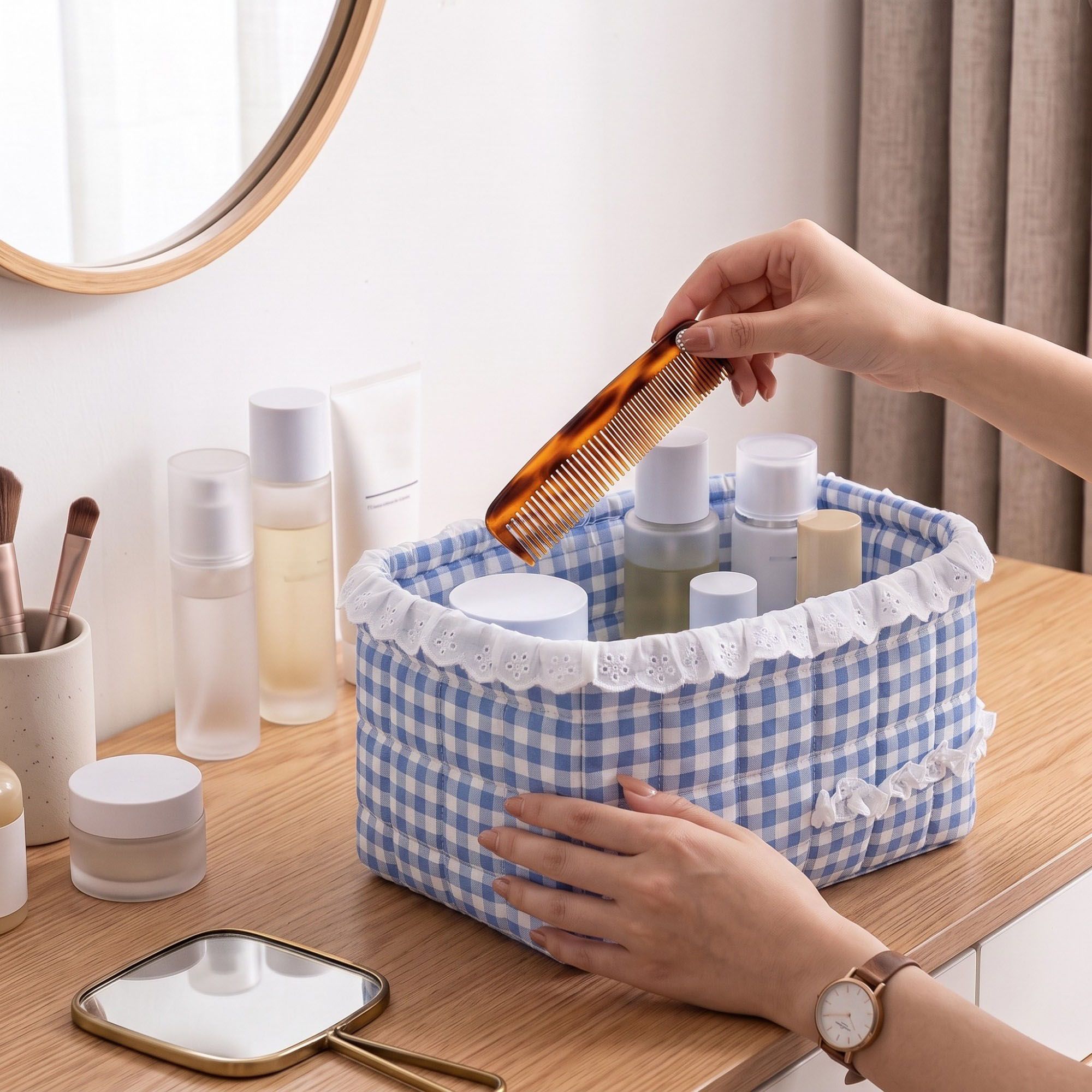 Quilted Gingham Fabric Storage Basket with Lace Trim