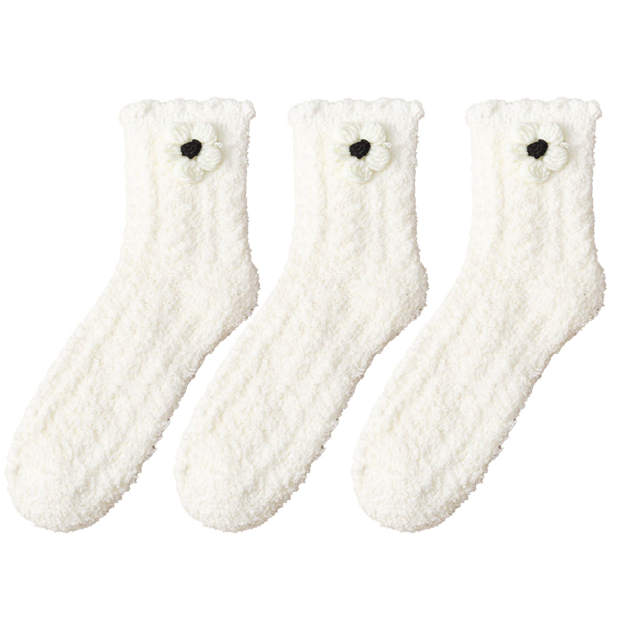 Anna-Kaci 3-Pair Plush Fuzzy Socks with Crochet Flower Detail for Cozy Indoor Wear