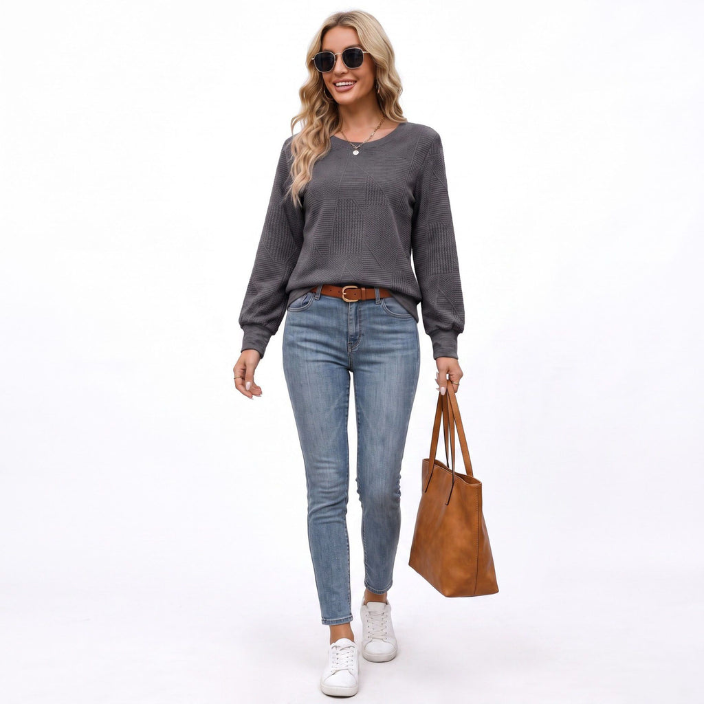 Textured Long Sleeve Crew Neck Pullover Top