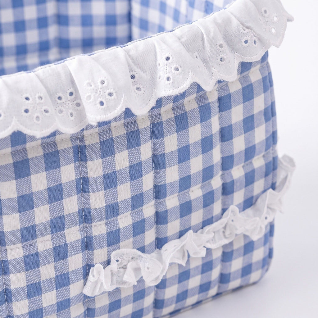 Quilted Gingham Fabric Storage Basket with Lace Trim