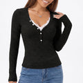 Ribbed Lace Inset V-Neck Button Long Sleeve Top