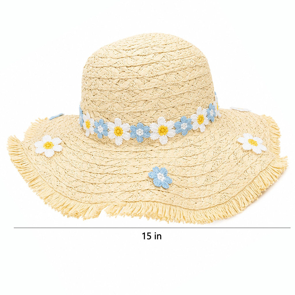 Braided Straw Sun Hat with Floral Applique Trim and Fringe Brim Design
