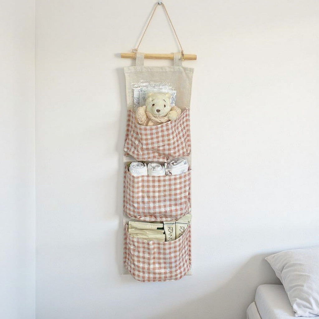 Hanging Wall Organizer with Three Pockets and Brown Gingham Pattern 19x7.8 in