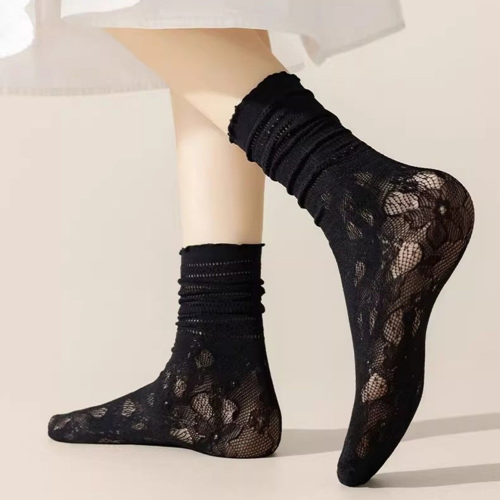 Anna-Kaci Women's Lace Liner Socks with Elastic Cuff and Floral Mesh Detail Soft Stretch 2-Pack