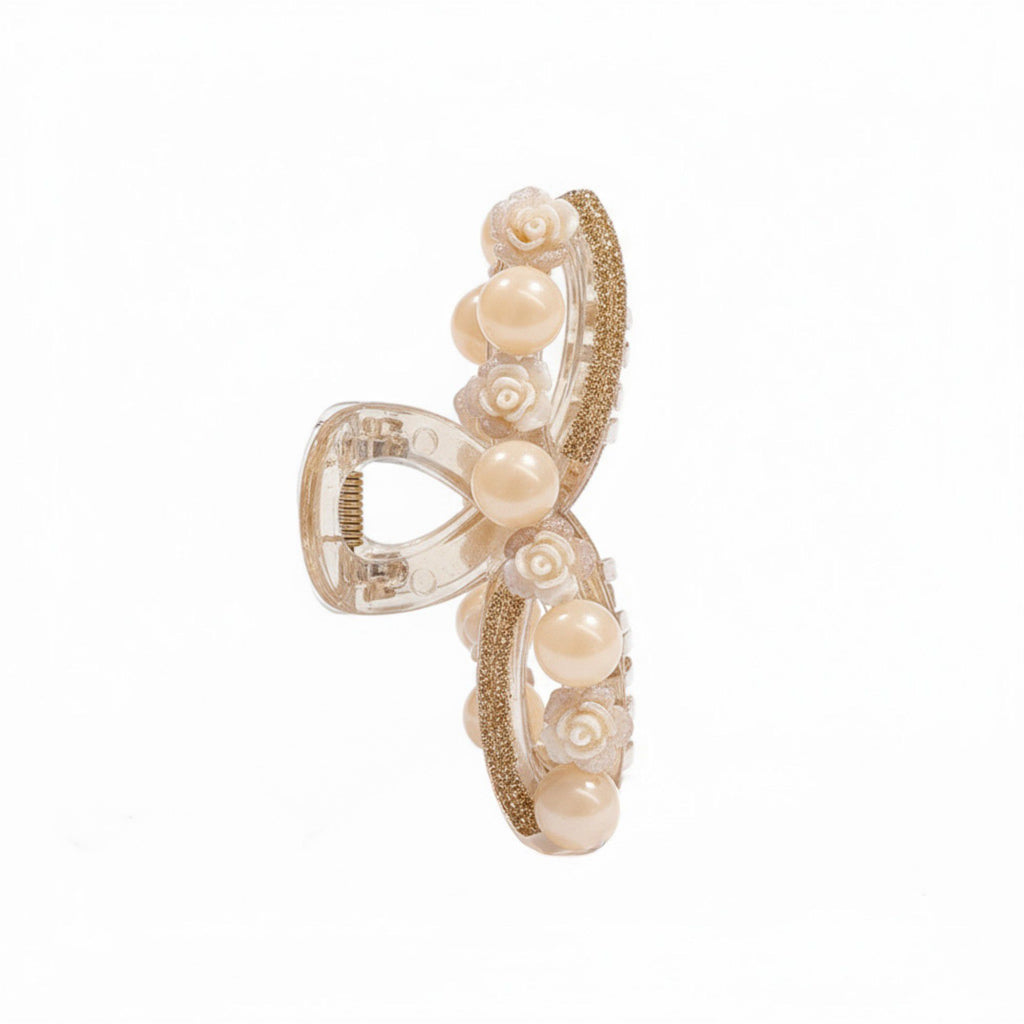 Beaded Flower Metal Hair Claw Clip with Curved Design and Textured Accents