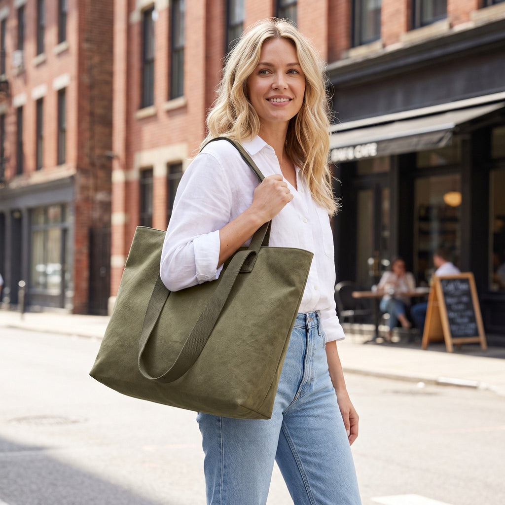 Large Canvas Tote Bag with Zip Closure Shoulder Straps for Work and Travel