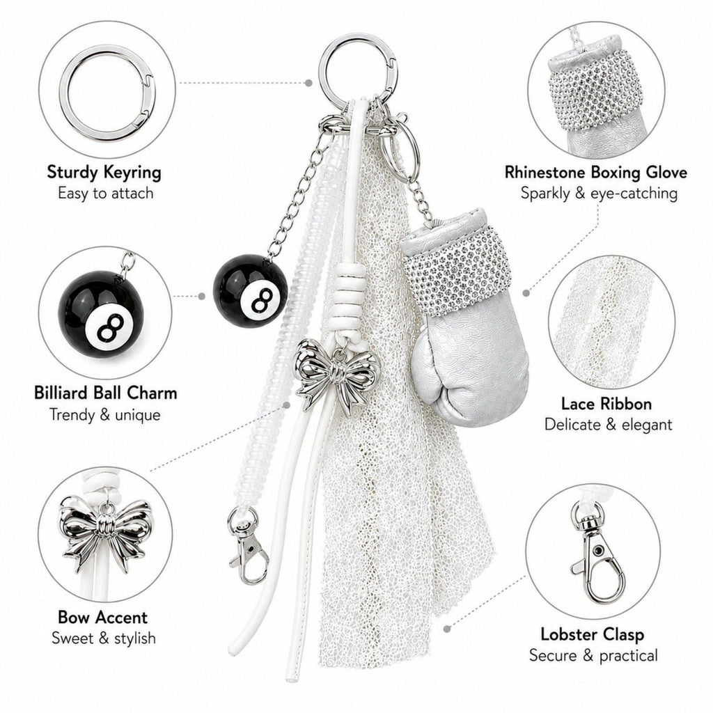 Boxing Glove Keychain Bag Charm with 8 Ball Accent Lace Ribbon and Clip