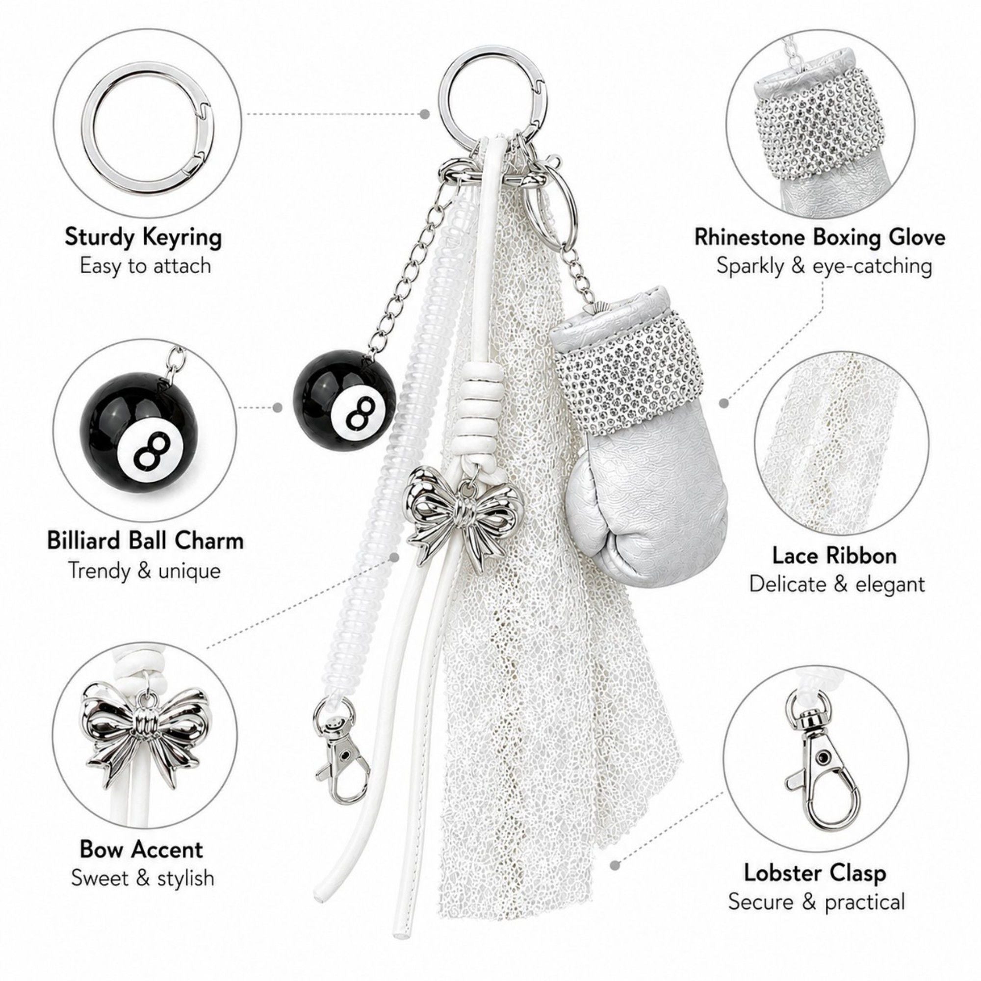 Boxing Glove Keychain Bag Charm with 8 Ball Accent Lace Ribbon and Clip