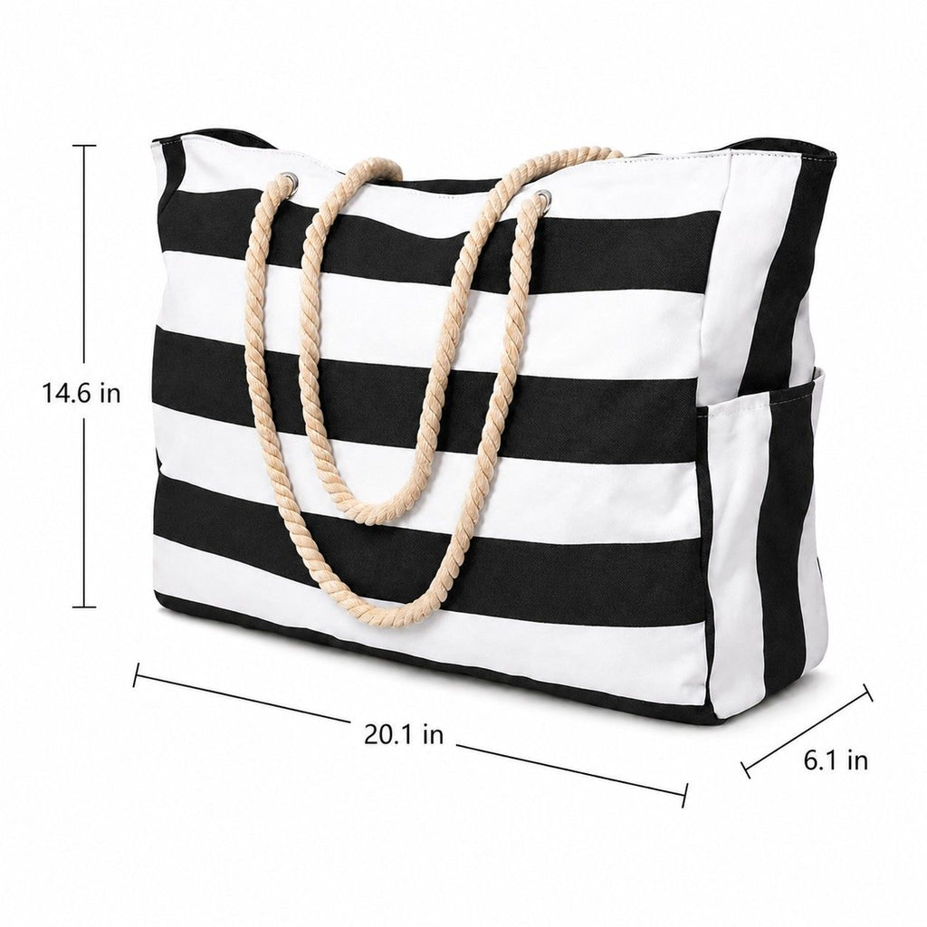 Striped Beach Tote Bag with Zip Closure Rope Handles and Side Pockets