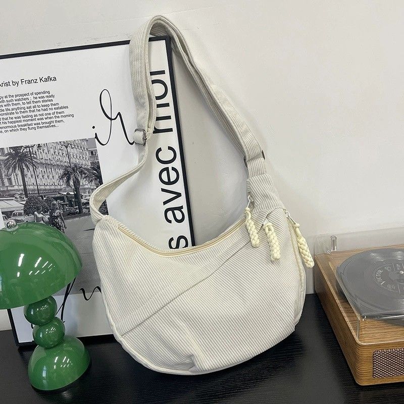 Corduroy Crescent Crossbody Bag with Adjustable Strap and Zip Pockets
